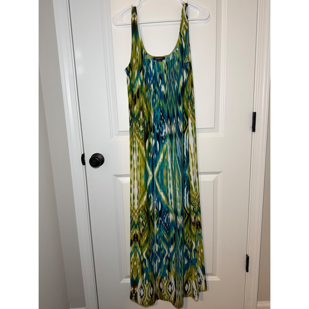 Glamour Women 16W Ikat Print Maxi Dress Teal Lime Green Sleeveless Scoop Neck